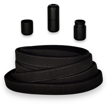 Zwart Platte Elastische Veters 9mm met luxe draaicapsulesluiting opgerold: Agletless® Strikvrij & Stijlvol