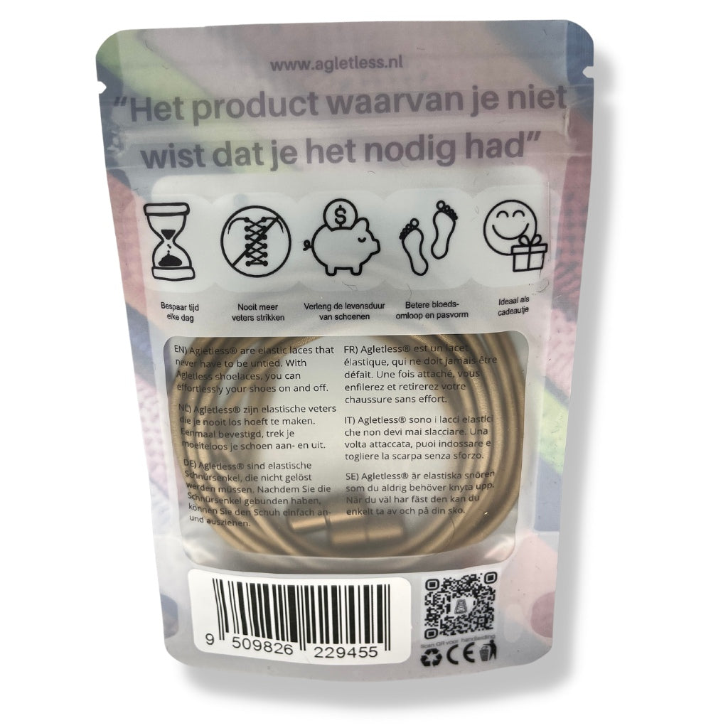 Beige ronde elastische veters 3mm opgerold in verpakking, achteraanzicht: Agletless® Strikvrij & Stijlvol