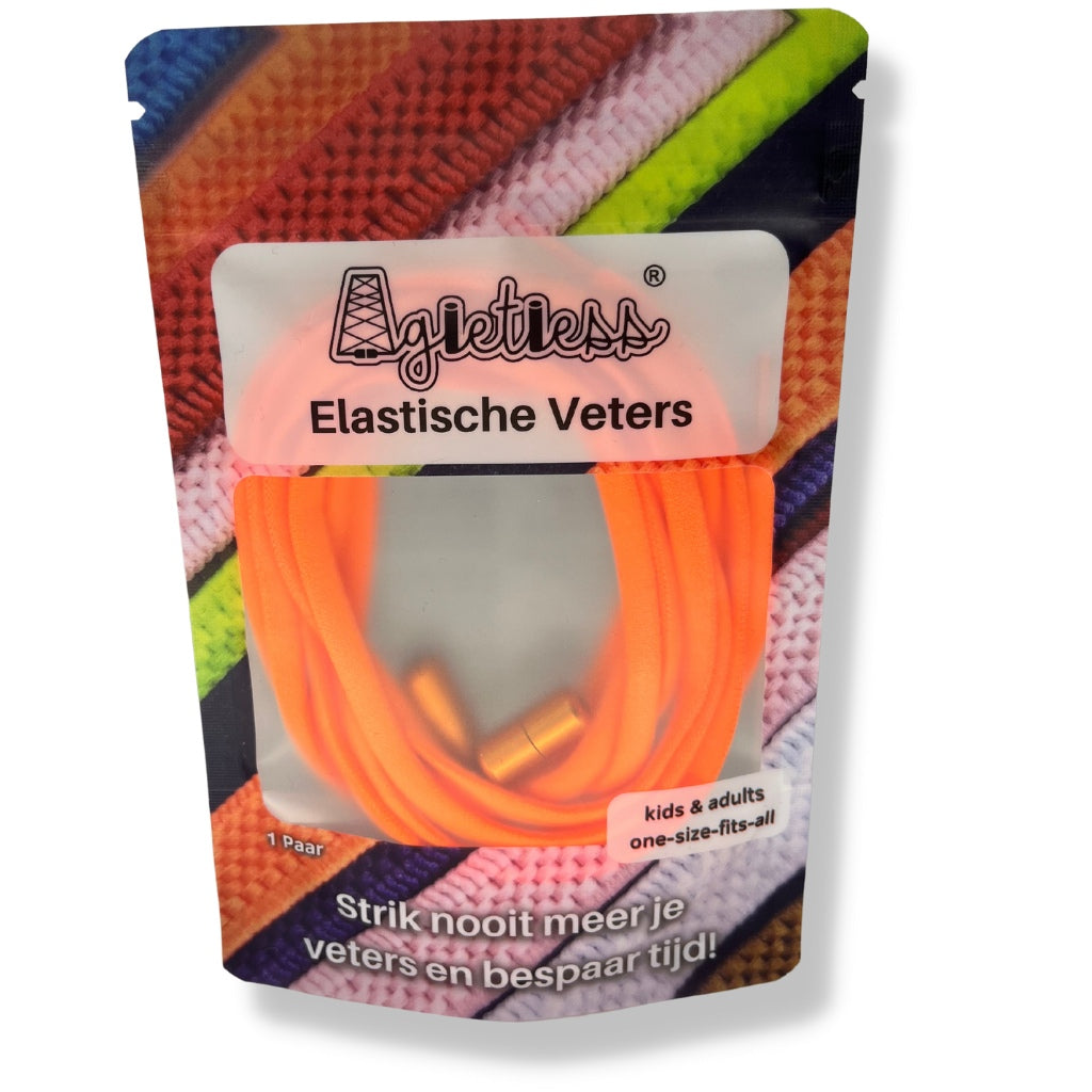 Oranje ovale elastische veters 5mm opgerold in verpakking, vooraanzicht: Agletless® Strikvrij & Stijlvol
