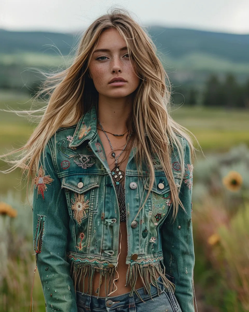 Women’s green denim jackets with raw hems, patches, color rivets, paint, fringe accents, and tribal motifs for a bold fashion statement. Summer season. White female. Yellowstone National Park, Gardiner (Partly in MT), MT city background.