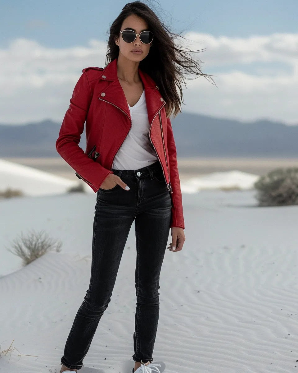 Confident woman in sleek, mid-waist matte black biker jeans, red leather jacket, and white sneakers. Autumn season. European female. White Sands National Park, Alamogordo, NM background.