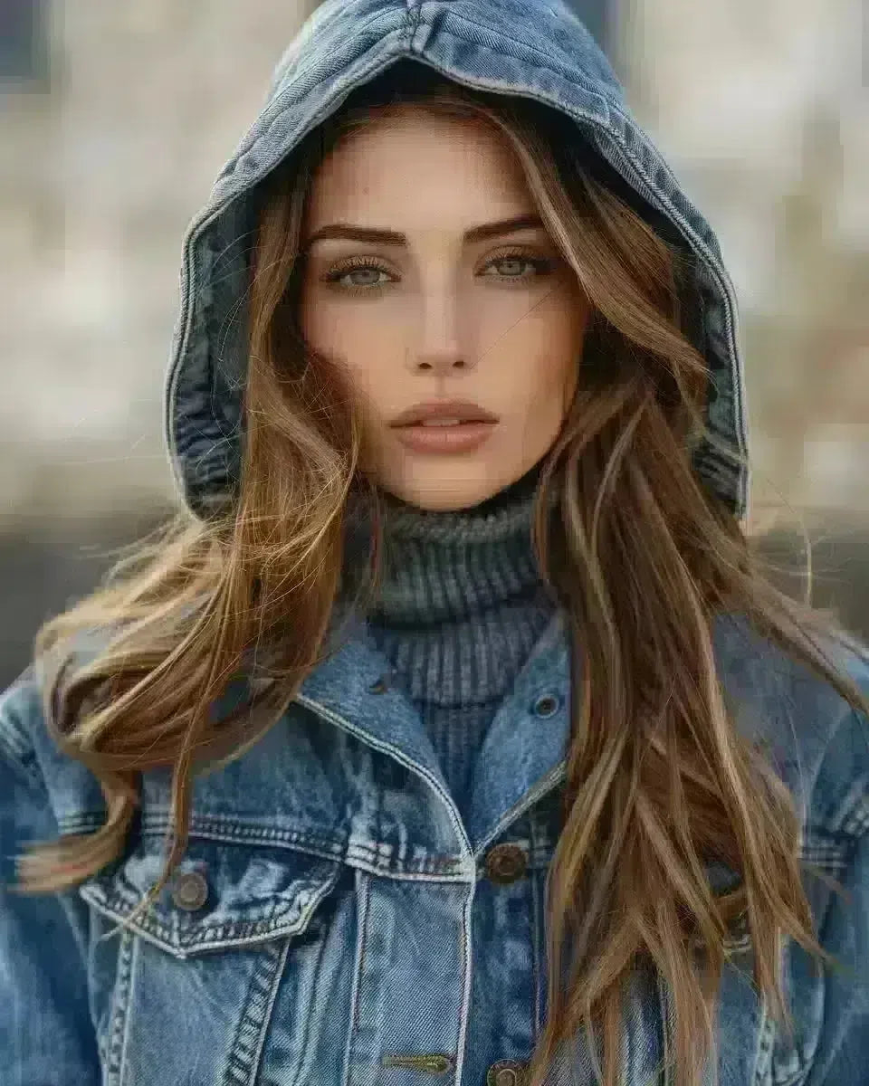 Female model in denim hooded jacket, urban chic, outdoor city backdrop. Spring season.