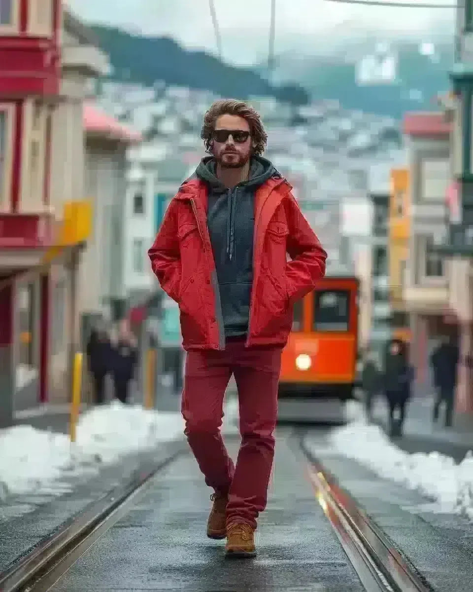 Confident man in red denim jeans walking Cable Car Lane, Wellington. Winter  season.