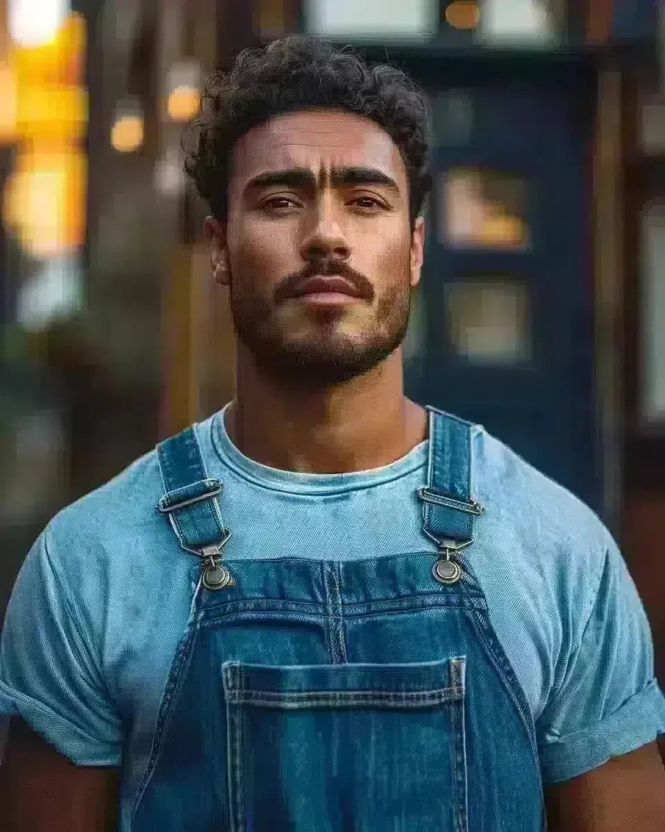 Confident, diverse man in denim overalls, with a classic pocket, outdoors in UK. Late Winter  season.