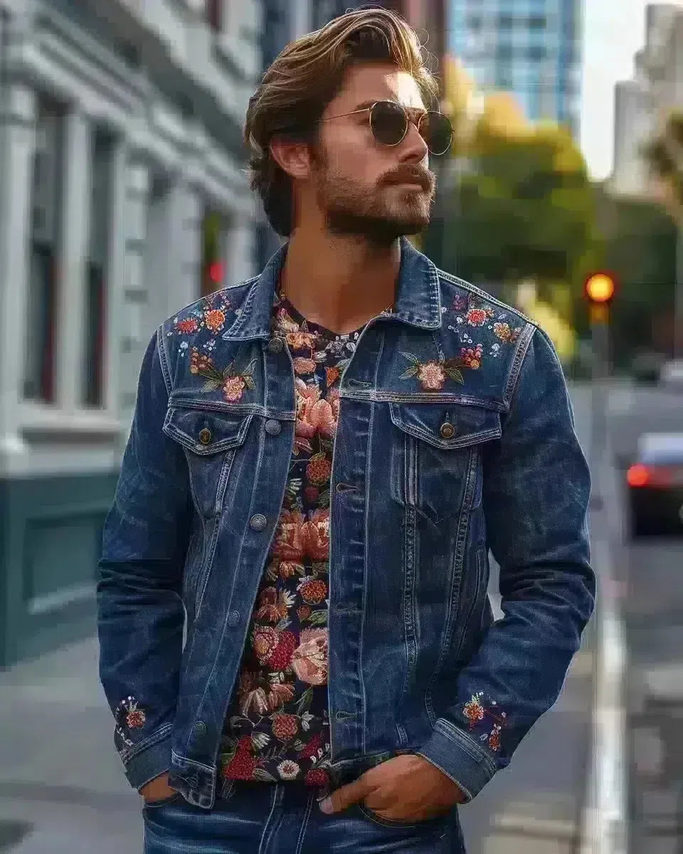 Confident man in New Zealand wearing a detailed embroidered denim jacket. Spring season.