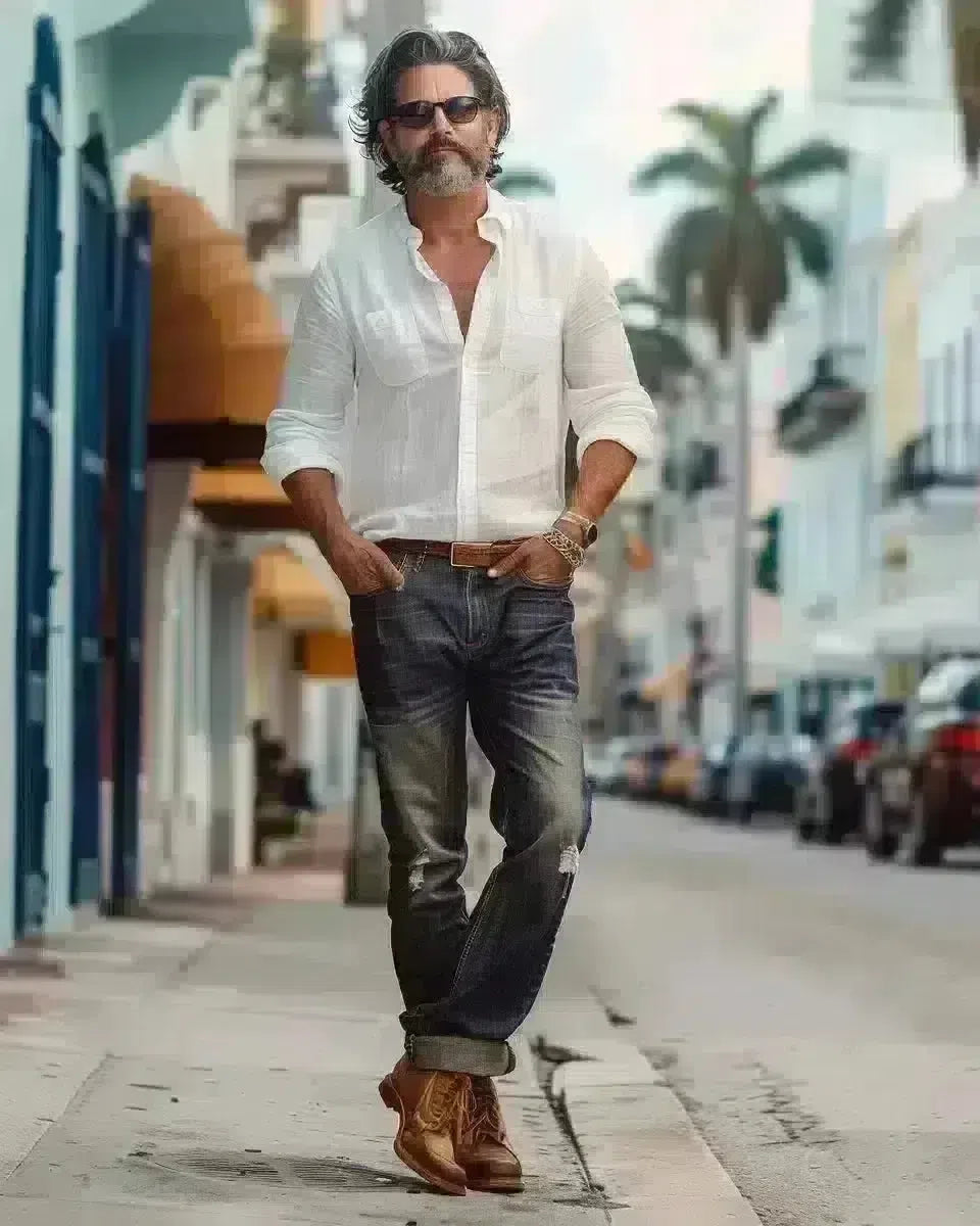 Distinguished man in selvedge jeans with rolled cuffs, white shirt, tan boots, Miami Art Deco background. Spring season.