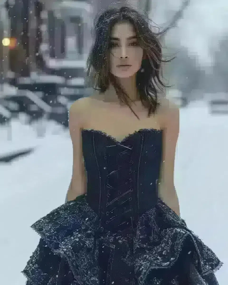 Woman in innovative strapless denim dress, urban winter backdrop. Winter  season.