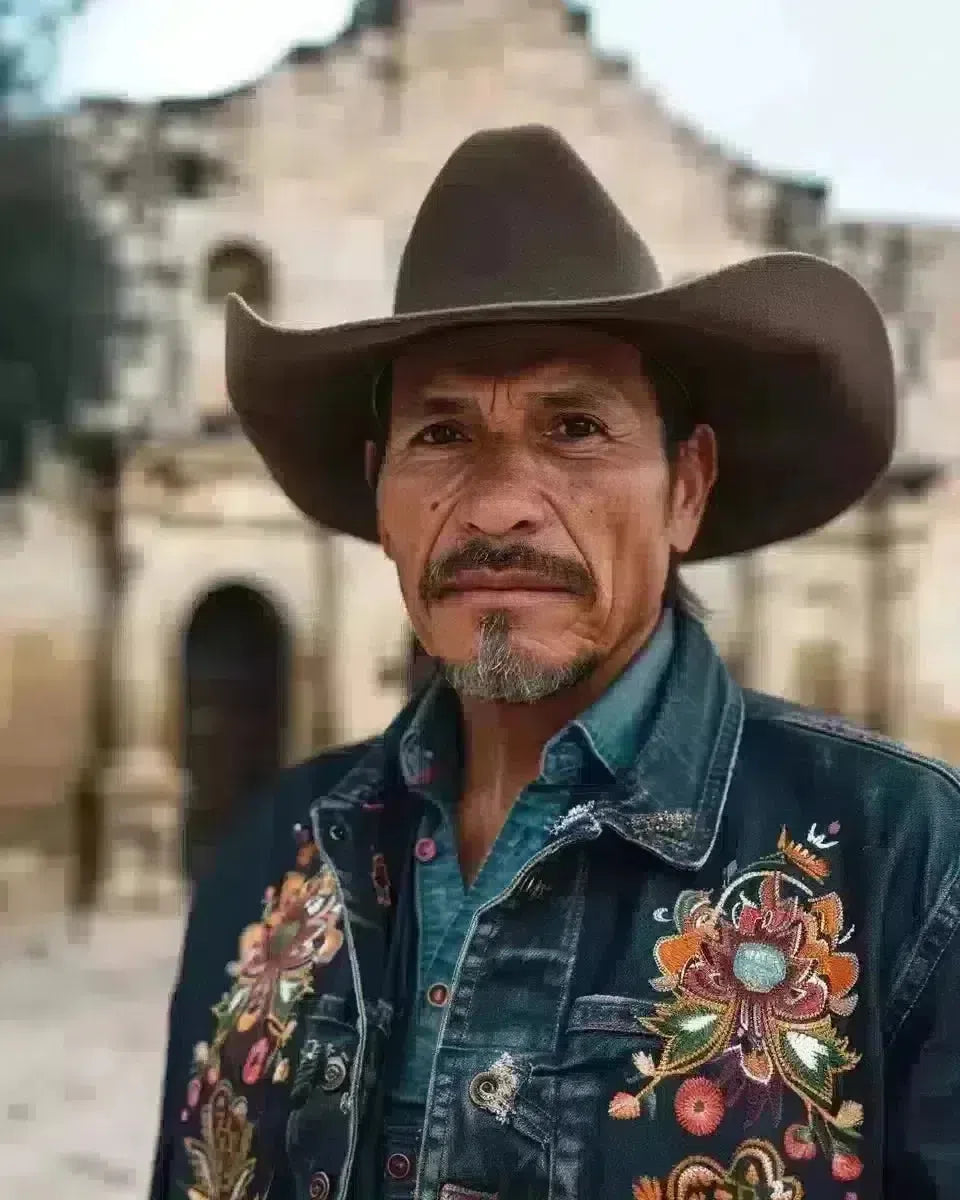 Man in embroidered denim jacket, Texas Alamo backdrop, cultural heritage theme. Spring season.