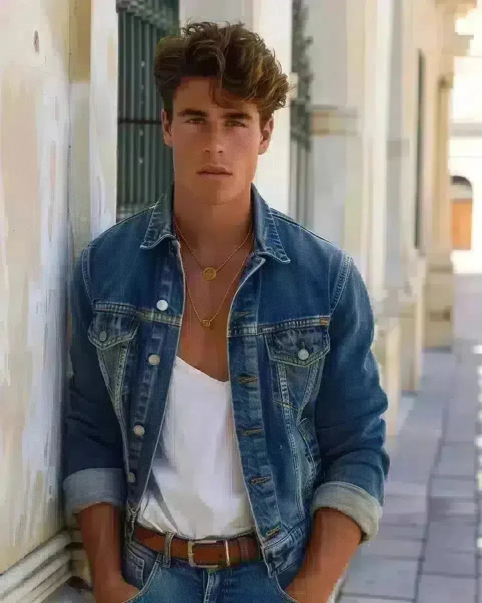 Male model in high-waisted jeans, vintage style, urban outdoor setting. Spring season.