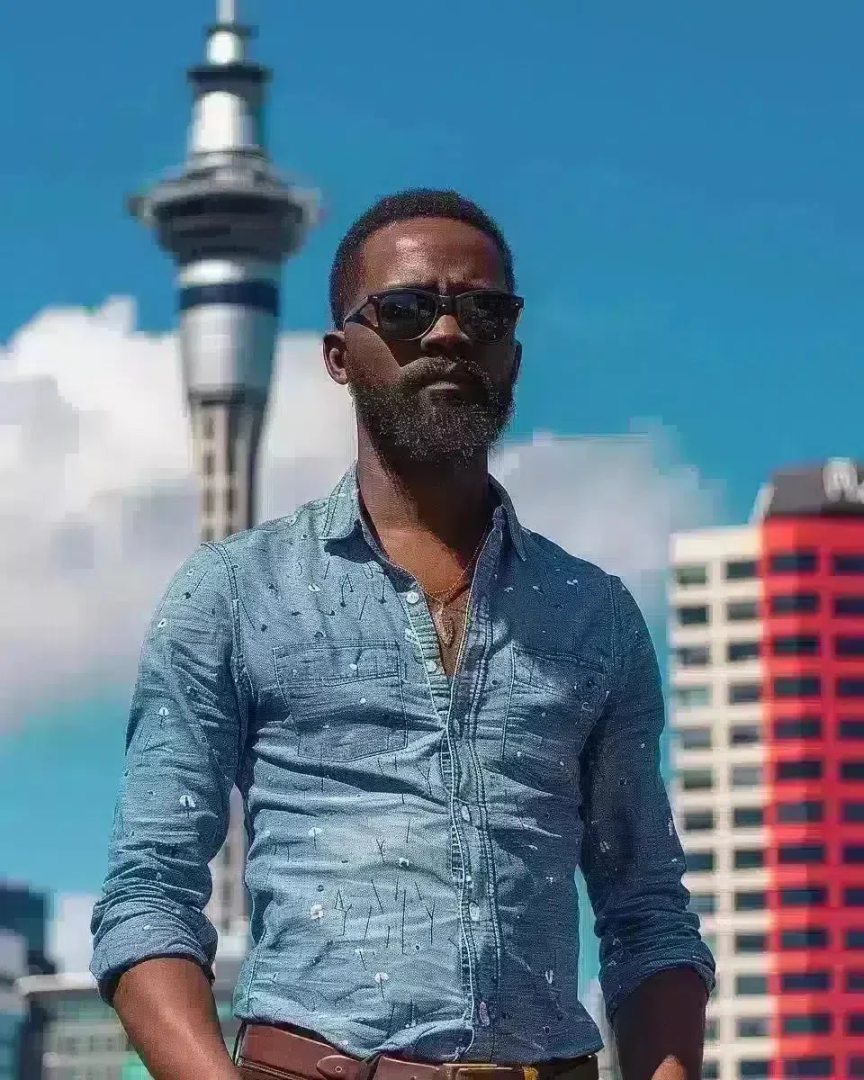 African man in indigo raw jeans by Auckland's Sky Tower. Spring season.