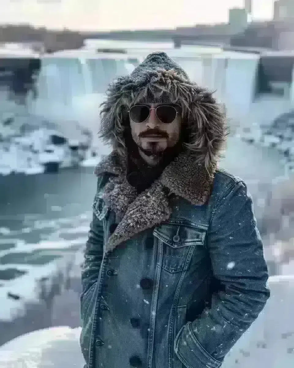 Man in vintage denim jumpsuit posing before Niagara Falls, Ontario. Winter  season.