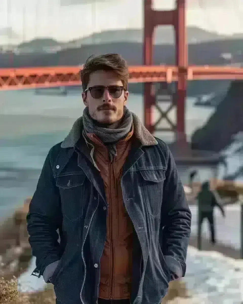 Man in high-quality denim jeans poses before Golden Gate Bridge. Late Winter  season.