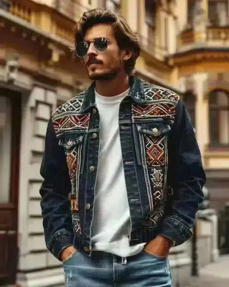Man in crafted embroidered denim jacket, outdoor urban background, reflecting local fashion style. Spring season.