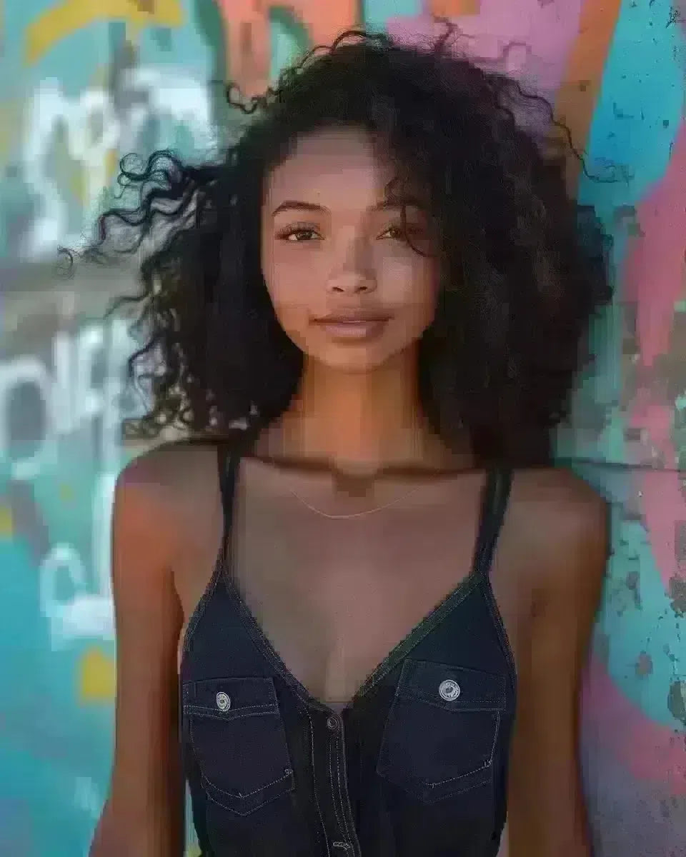 Black denim women's romper, diverse model, Venice Beach graffiti background. Winter  season.