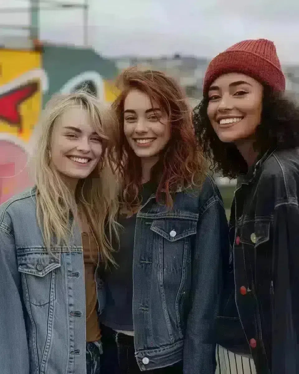 New Zealand Street Style: Diverse women in denim jackets, Wellington backdrop. Late Winter  season.