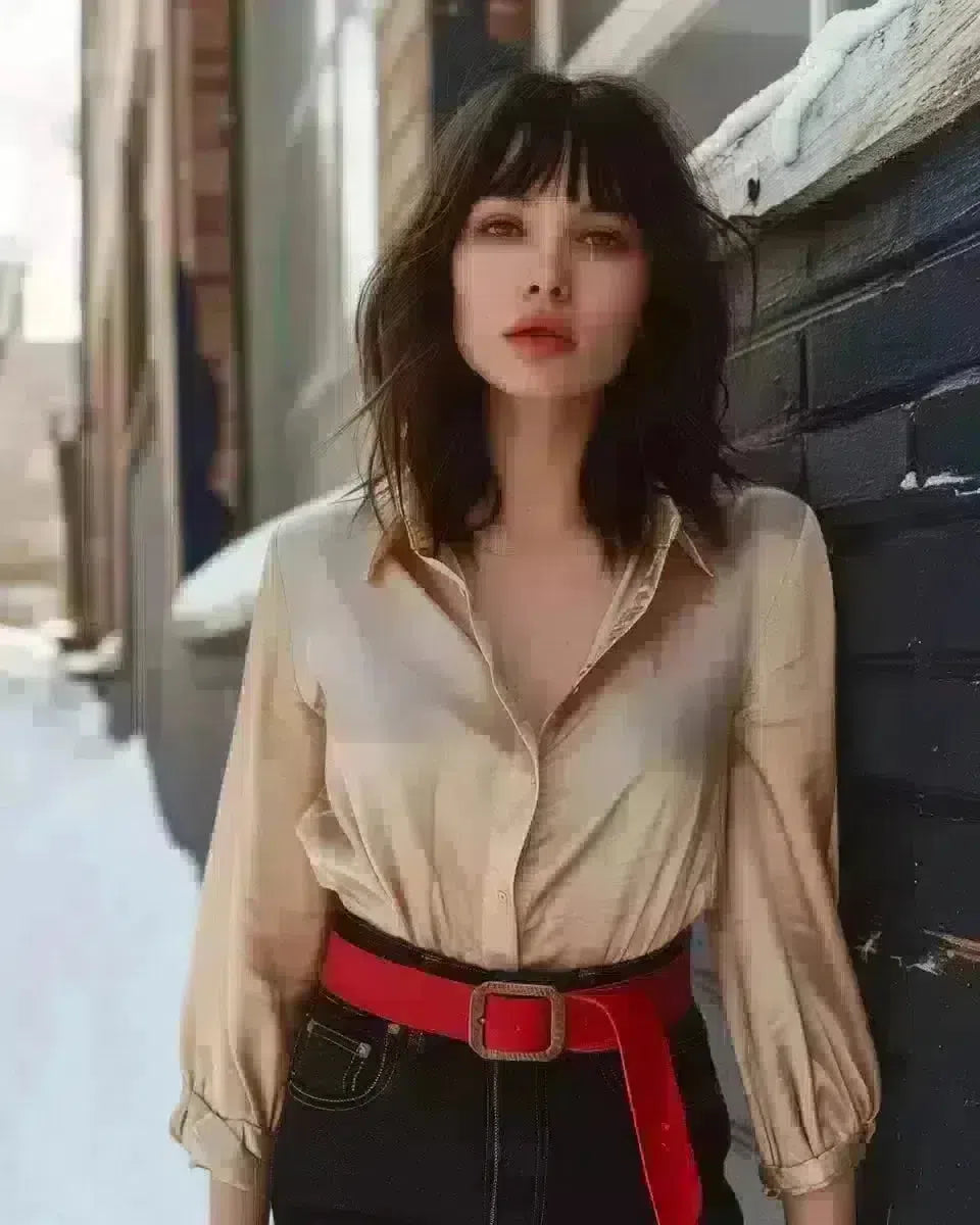 Female in dark skinny jeans and silk blouse with red belt, urban outdoor backdrop. Late Winter  season.