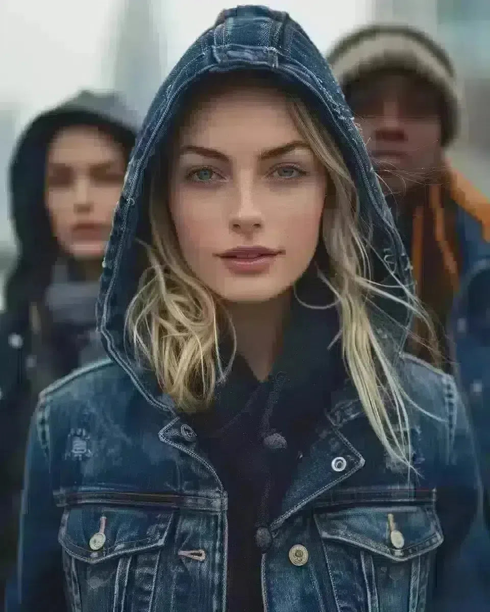 Diverse women in chic hooded denim jackets, outdoor city background. Spring season.