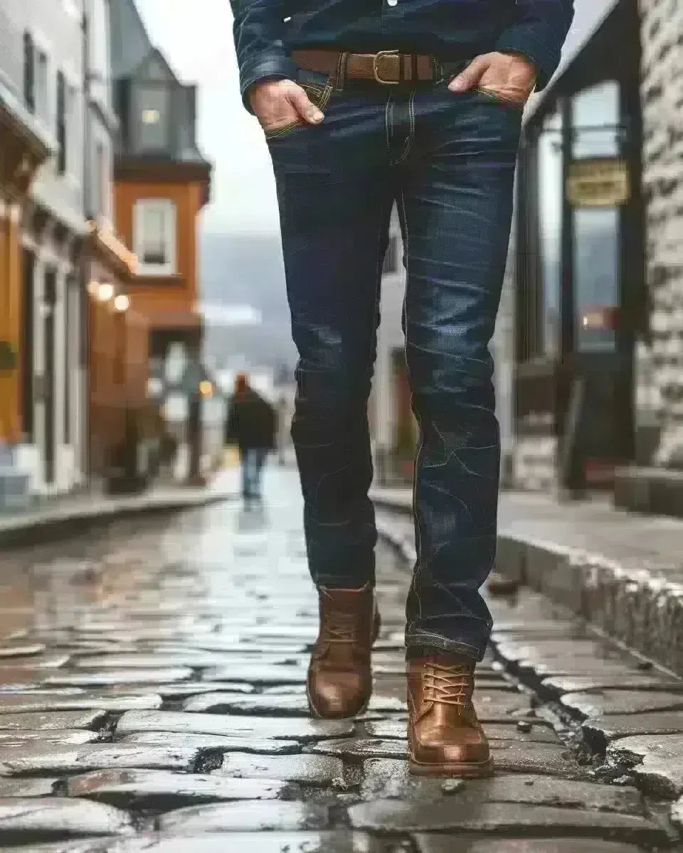 Stylish man in durable, well-crafted jeans walks cobblestone streets in Quebec. Spring season.