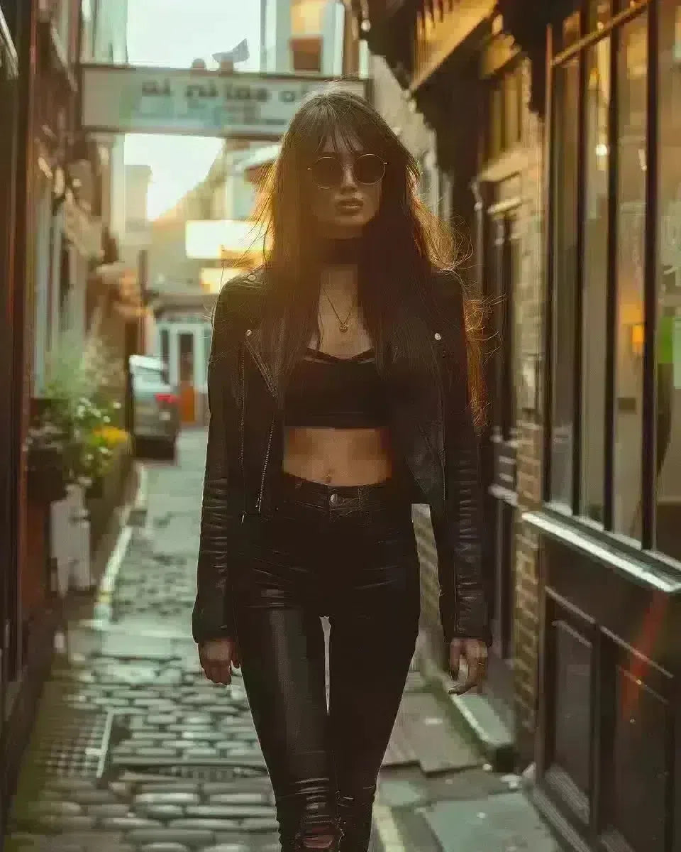 Woman in sleek black coated jeans, confidently walking in urban Victorian alleyway. Spring season.