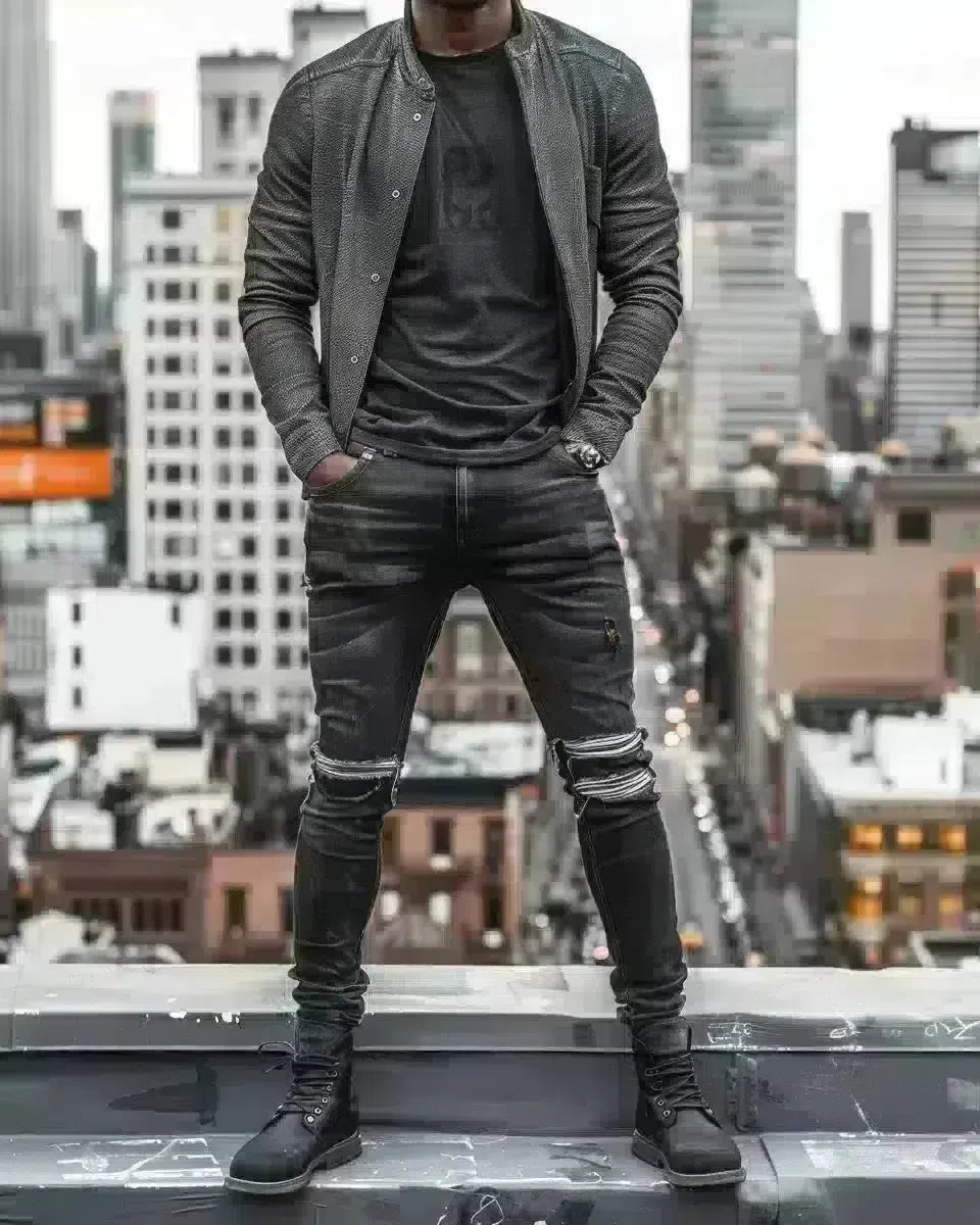 Urban male in ripped black jeans, cityscape backdrop, embodying rebellion. Spring season.