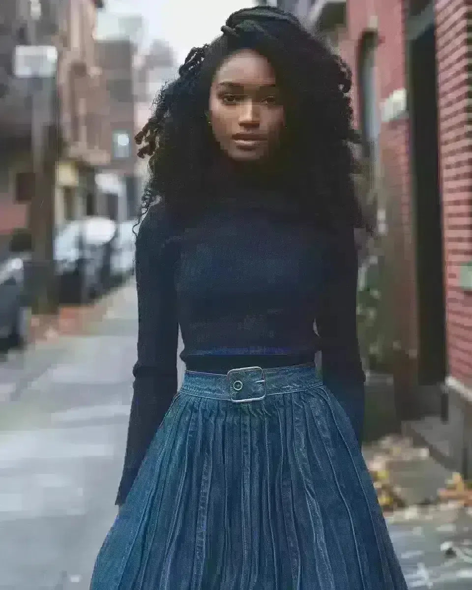 Woman in mermaid denim skirt, multicultural, outdoor urban setting. Winter  season.