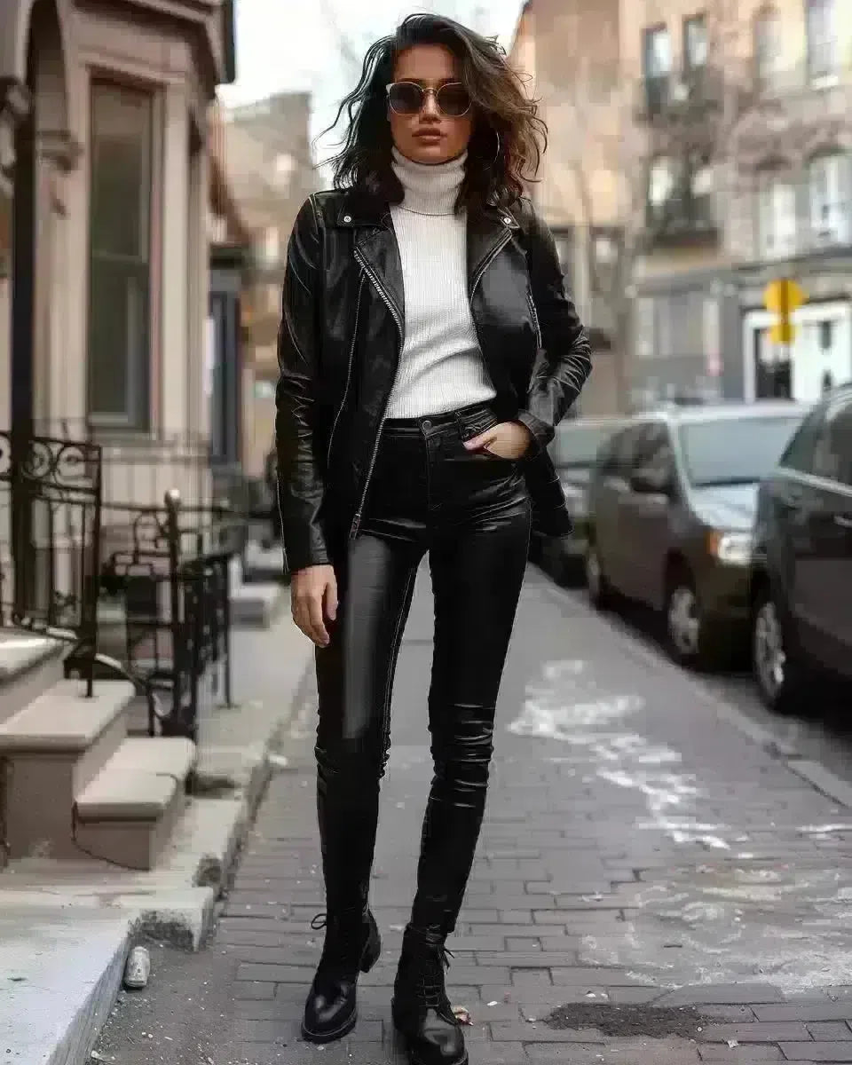Woman in glossy black jeans, outdoor cityscape, highlighting style and fit. Spring season.