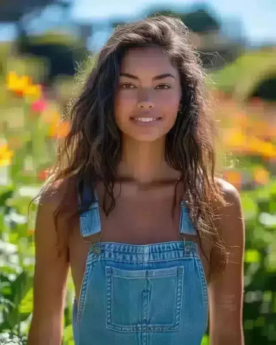 Ethnic woman in blue long sleeve denim overalls at Wellington Botanic Gardens. Late Winter  season.