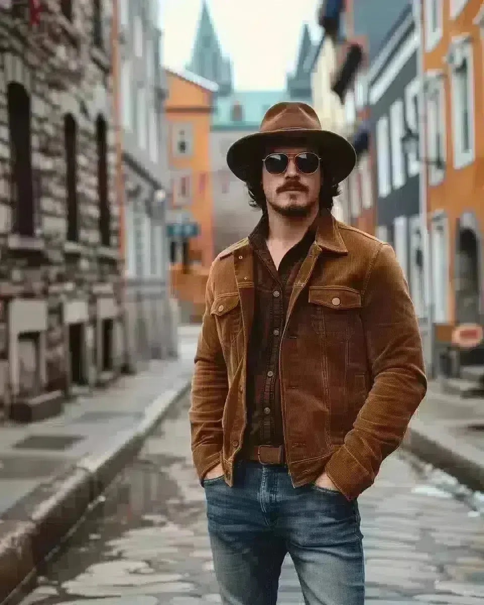 Man in brown corduroy denim jacket on historic Quebec street. Spring season.