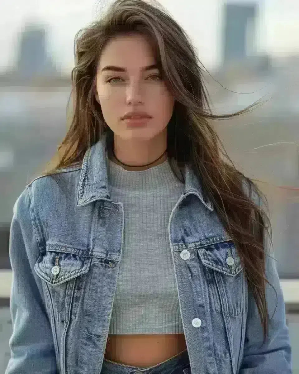 Confident woman in classic 80s denim jacket, structured shoulders, outdoor city background. Spring season.