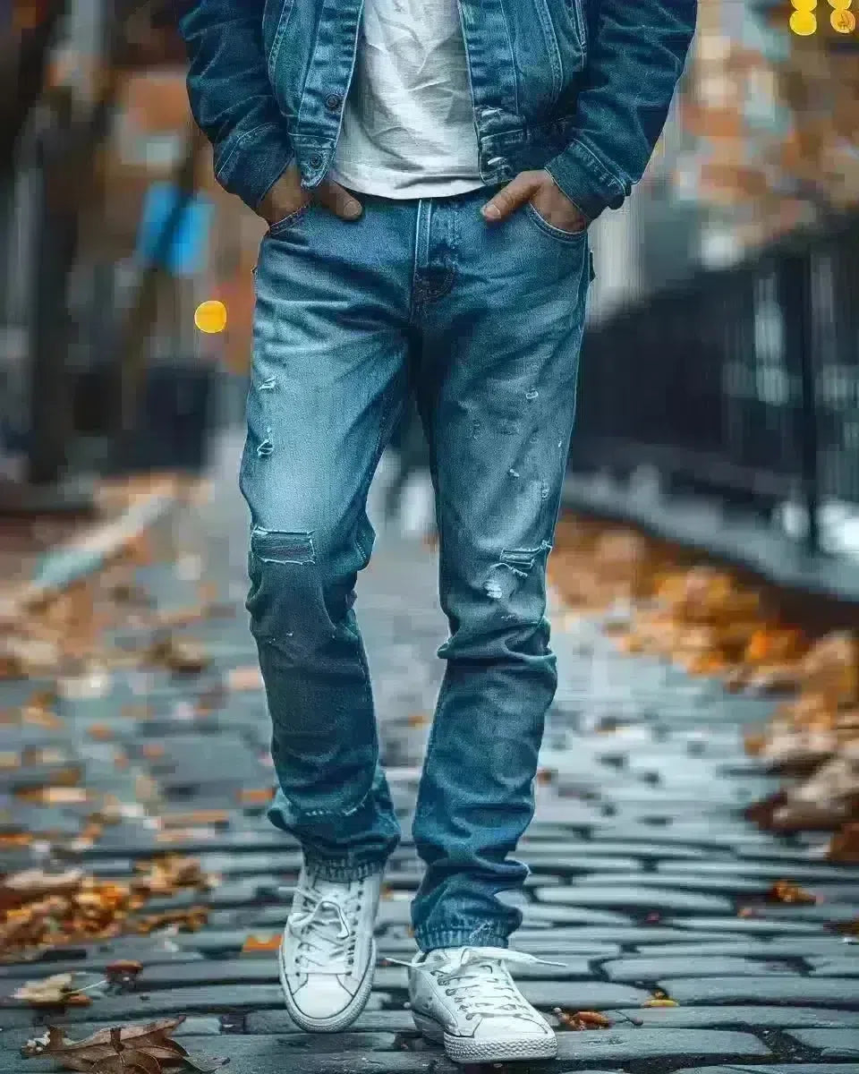 Stylish man in blue ripped jeans, outdoor urban setting, denim detail focus. Spring season.