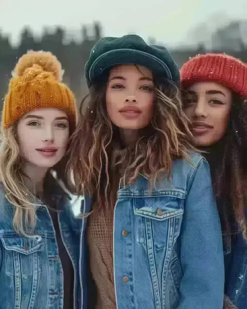 Diverse women in denim jackets outdoors, stylish and inclusive fashion. Late Winter  season.