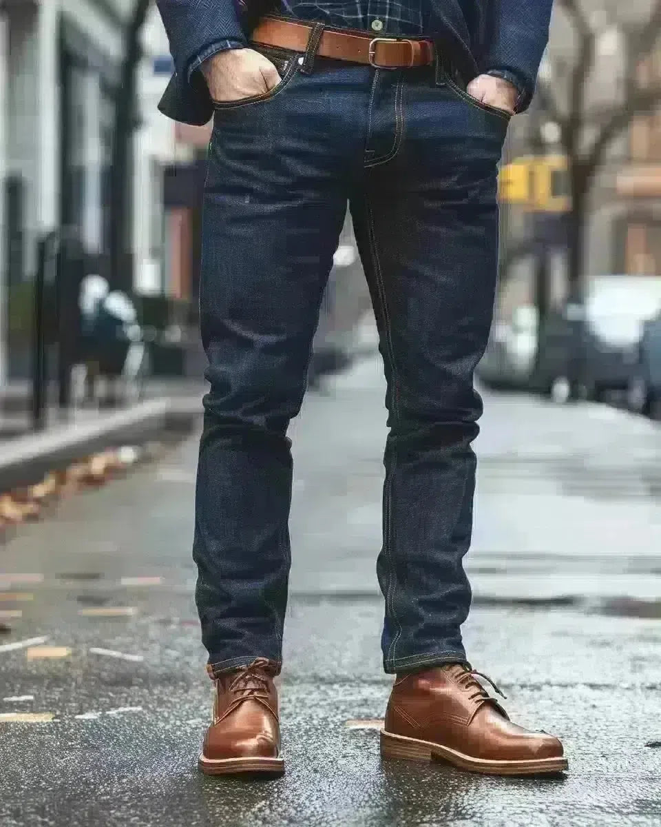 Professional man in tailored selvedge jeans, outdoor urban setting, denim detail focus. Spring season.
