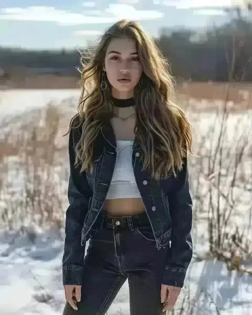 Female in denim, high-waisted jeans, outdoors, tailored fit. Late Winter  season.