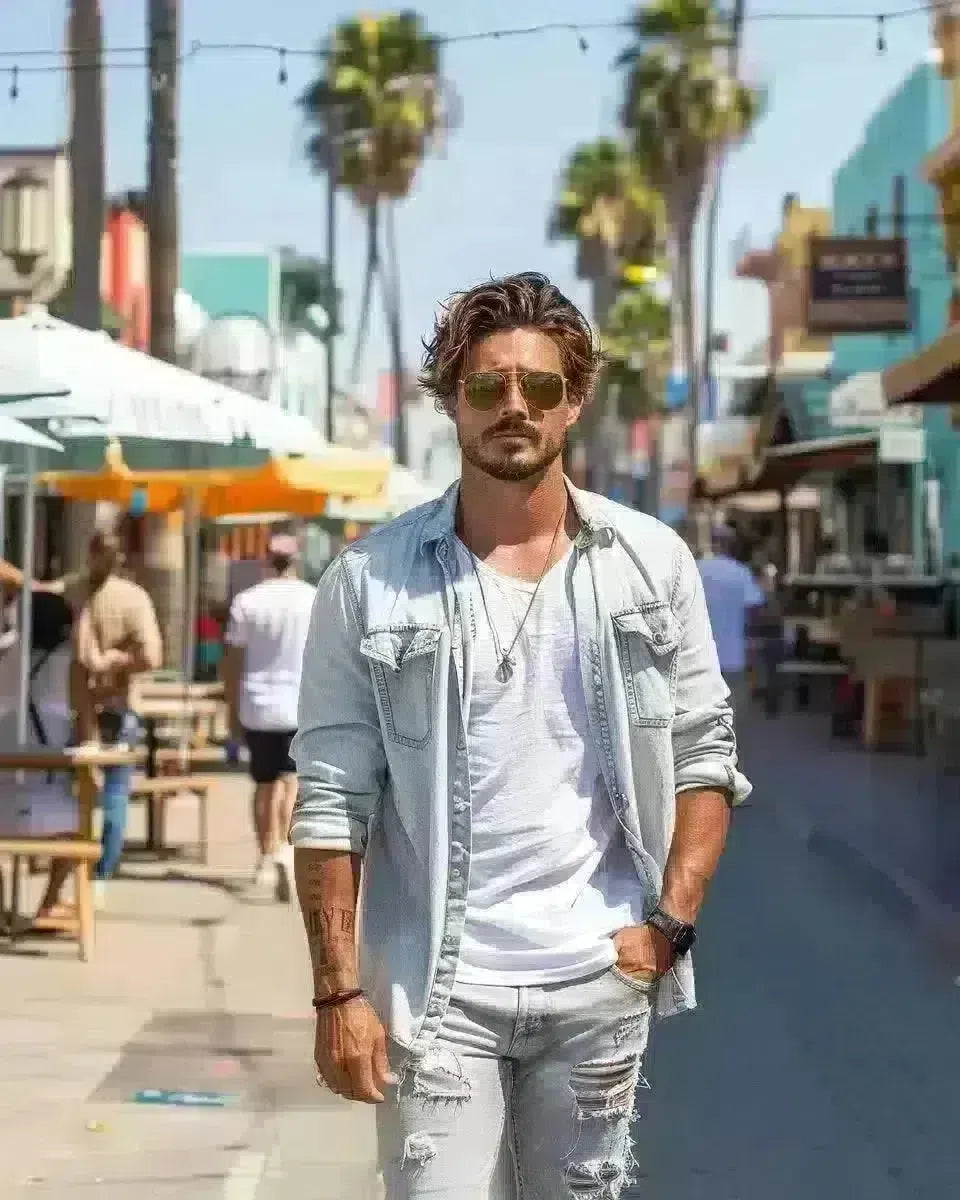 Dapper man in grey ripped jeans walking in Venice Beach, California. Spring season.