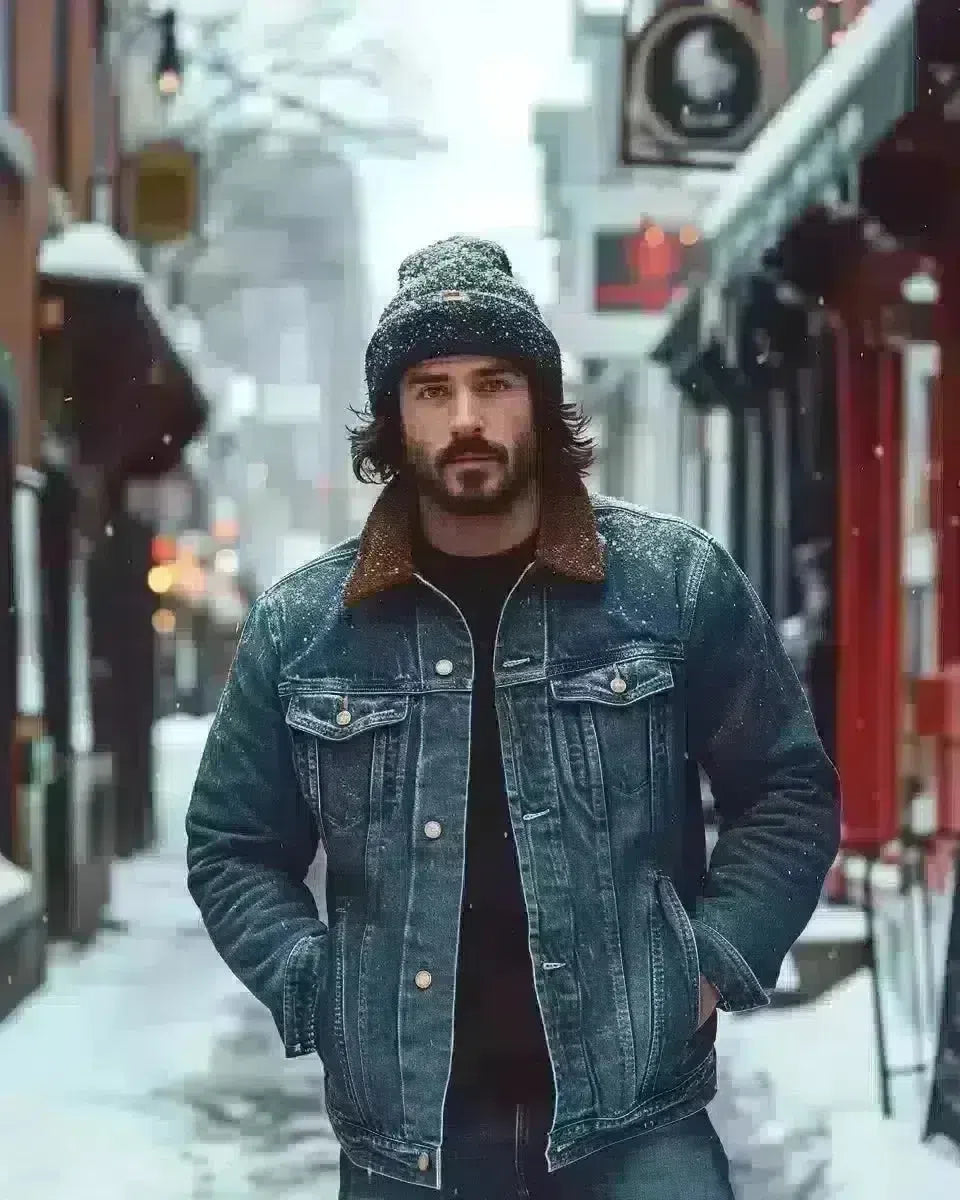 Canadian man in Quebecois-inspired denim, casual, sustainable, outdoor city backdrop. Late Winter  season.