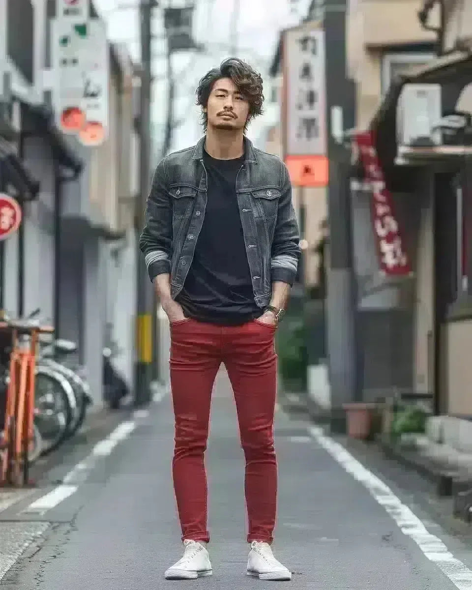 Man in fitted red jeans, confident stance, outdoor urban setting in Japan. Spring season.