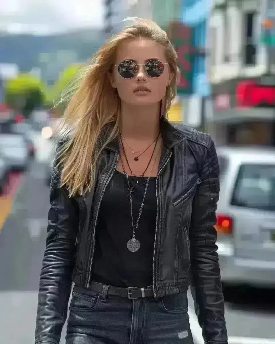 Trendsetting woman in stylish, durable biker jeans on vibrant Wellington street. Spring season.