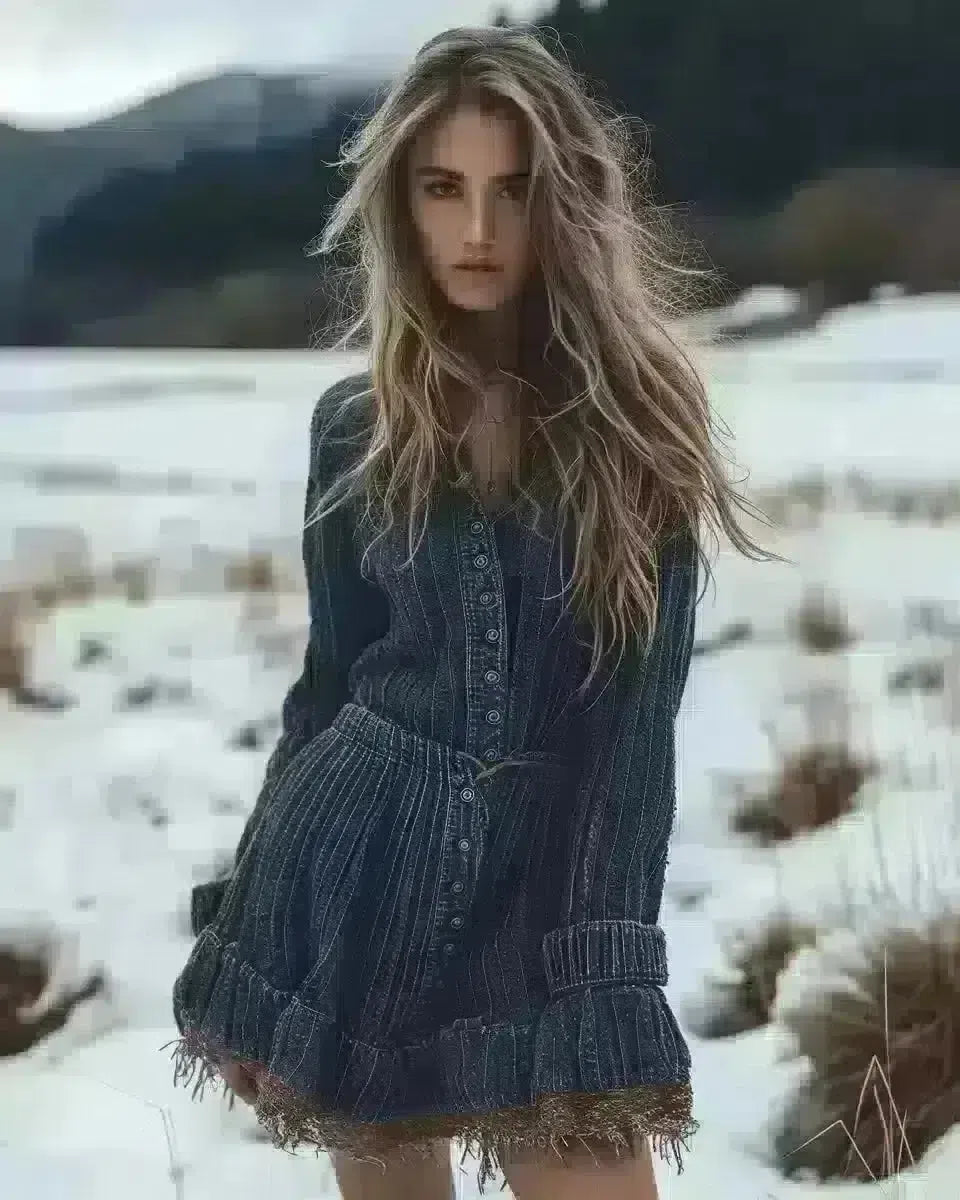 Waikato woman in indigo denim dress, winter backdrop. Late Winter  season.