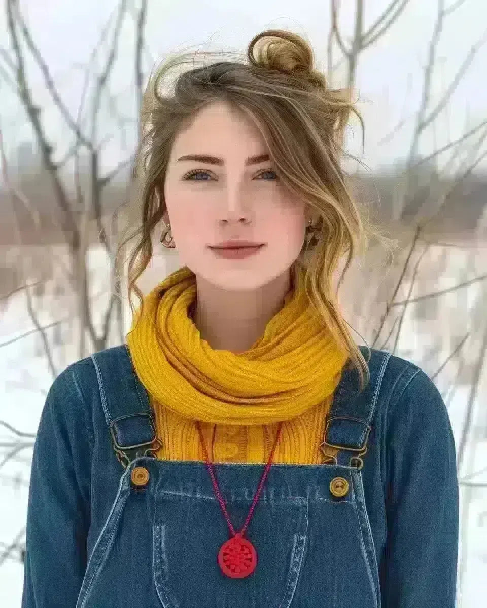 Proud woman in tailored blue long sleeve denim overalls with red necklace, yellow scarf, outdoor background. Late Winter  season.