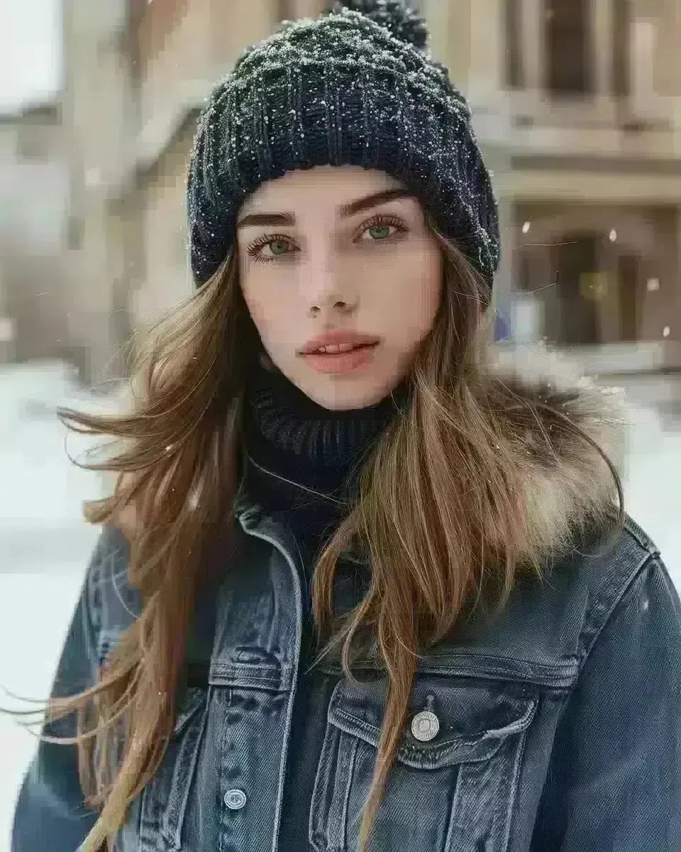 Woman in denim jacket, winter fashion, outdoor urban setting. Late Winter  season.