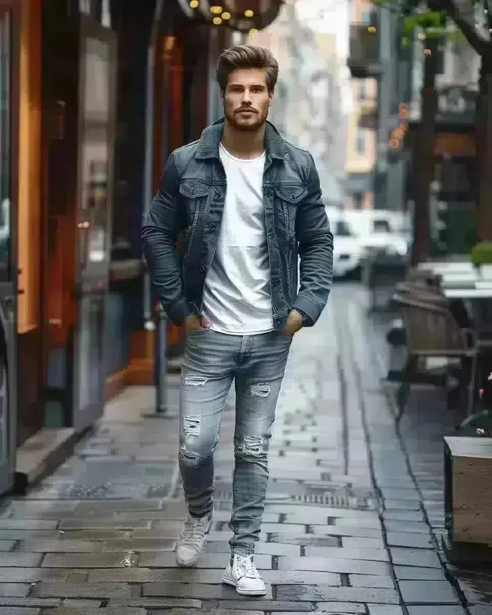 Fashionable man in grey ripped jeans, white tee, blue jacket, outdoor urban setting. Spring season.