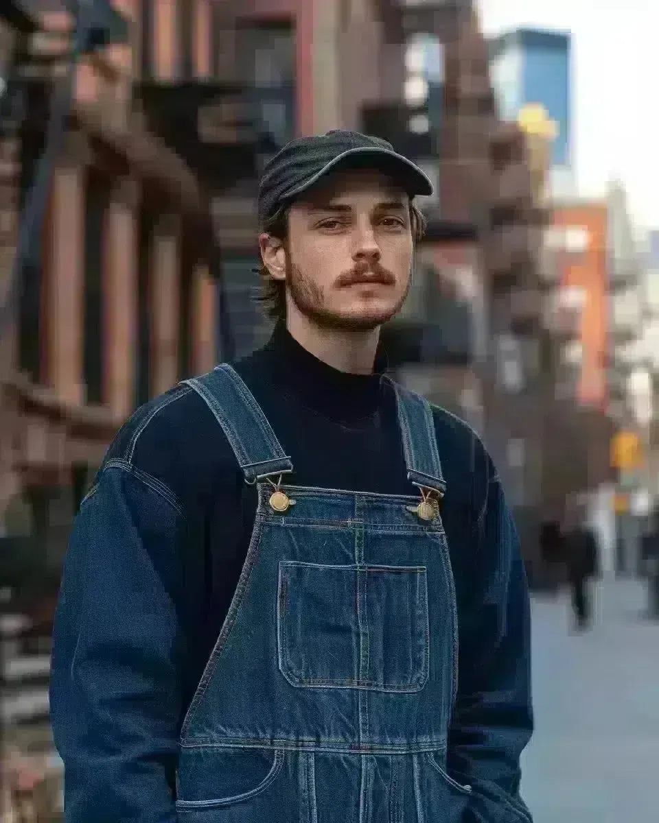 Man in '90s long sleeve denim overalls, outdoor urban American backdrop. Late Winter  season.