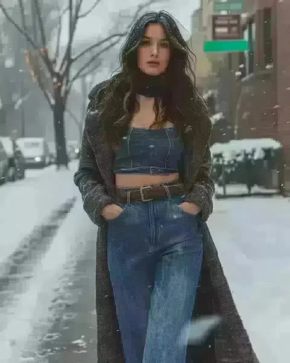 Latin woman in distressed long denim skirt outdoors, confident stance. Winter  season.