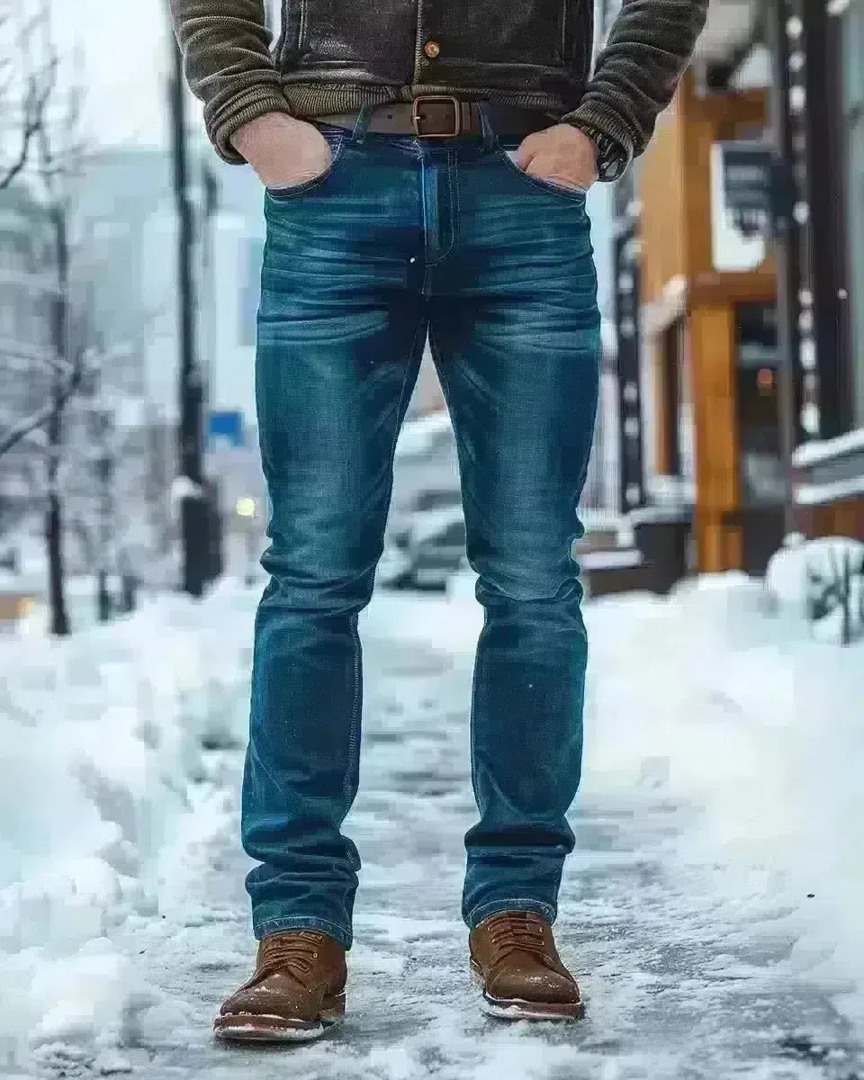 Man in fitted, faded denim jeans, full height, outdoor urban background. Late Winter  season.