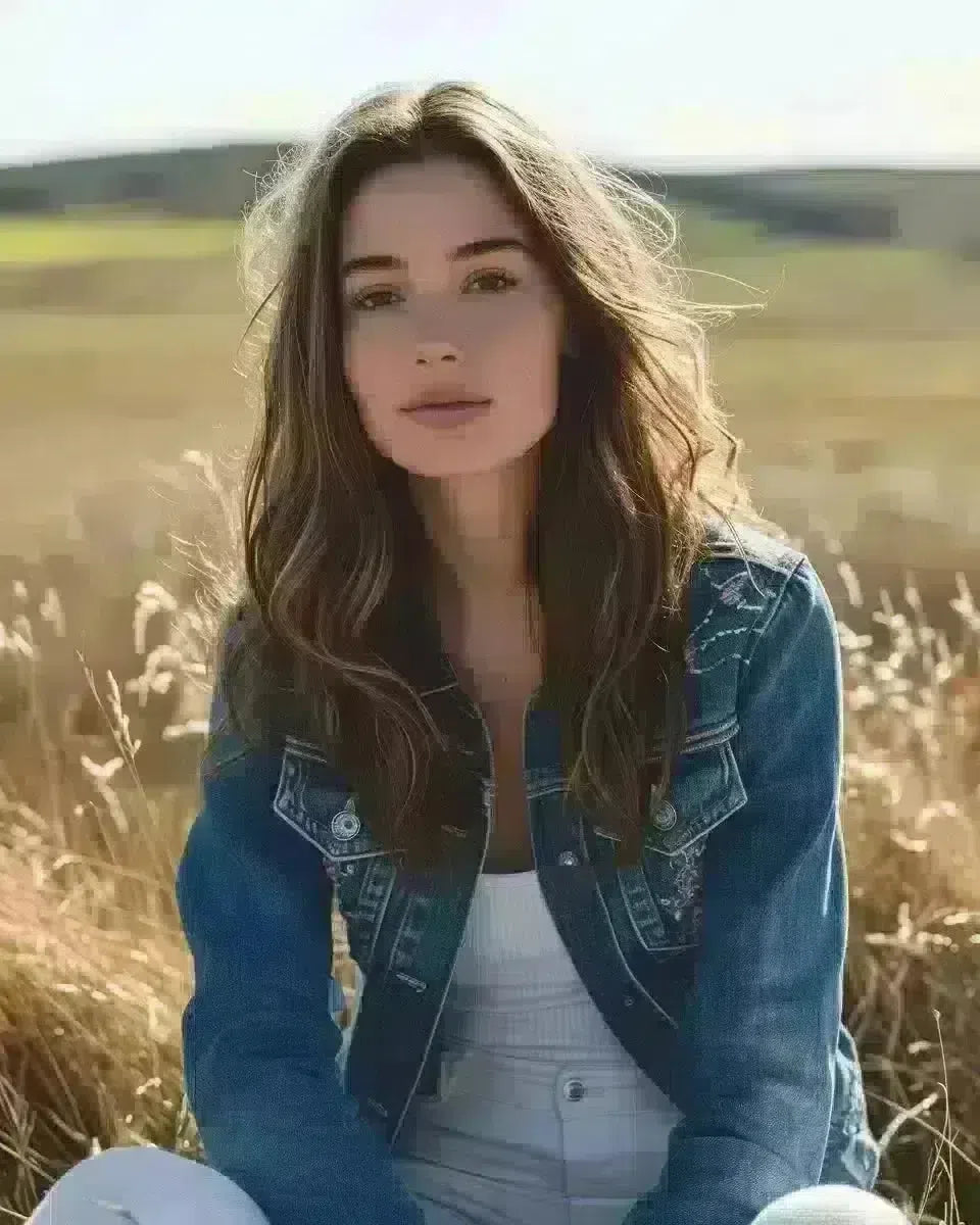 New Zealand woman in embroidered denim jacket and white leggings outdoor. Late Winter  season.