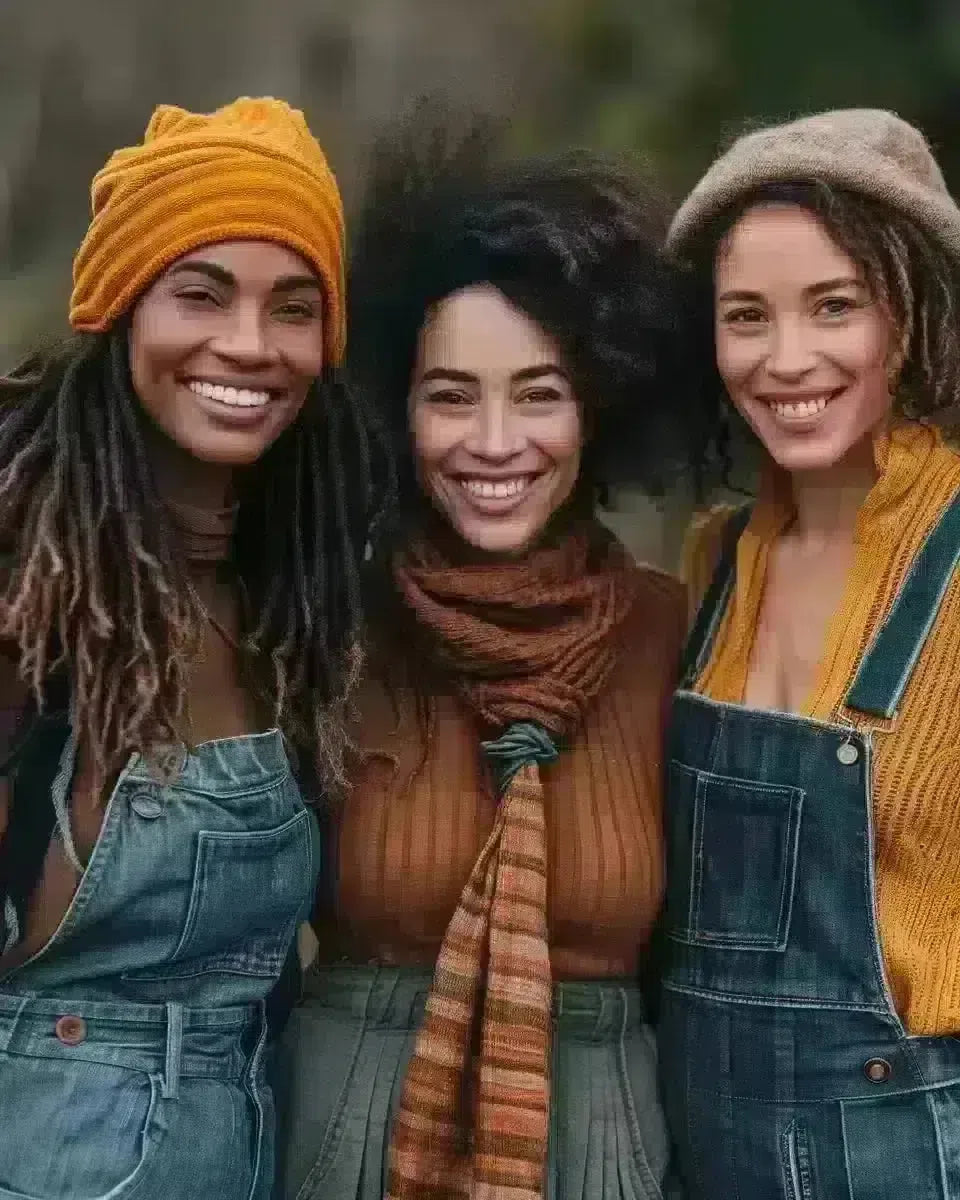 Diverse women in sustainable denim skirts smiling outdoors Late Winter  season.