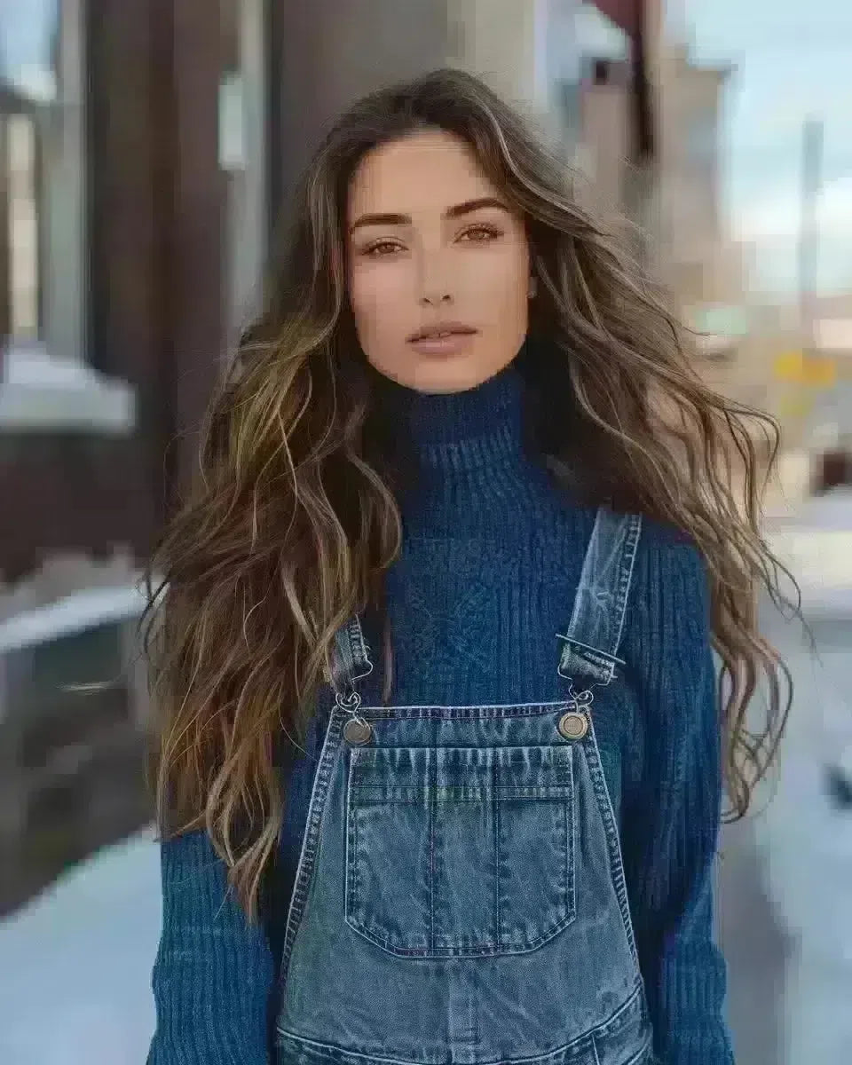 Woman in updated long sleeve denim overalls, outdoor urban setting. Late Winter  season.