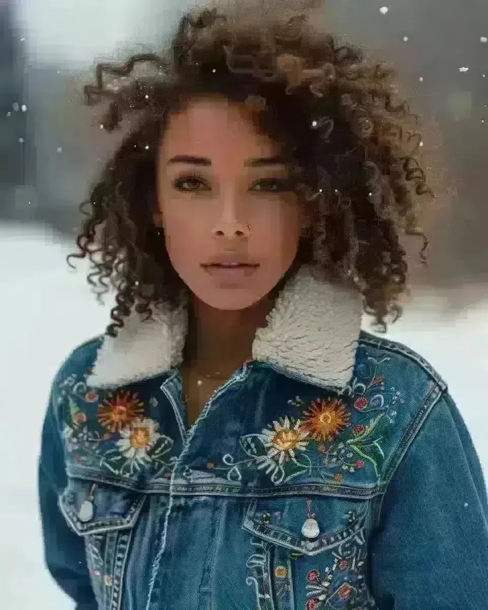 Eco-chic woman in embroidered denim, reflecting her ethnicity outdoors. Winter  season.