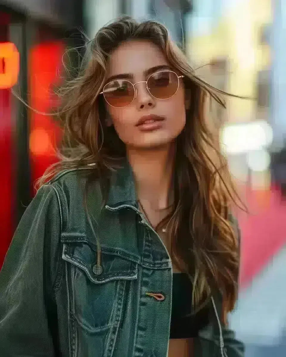 Elegant woman in green denim jacket on city street red carpet. Spring season.