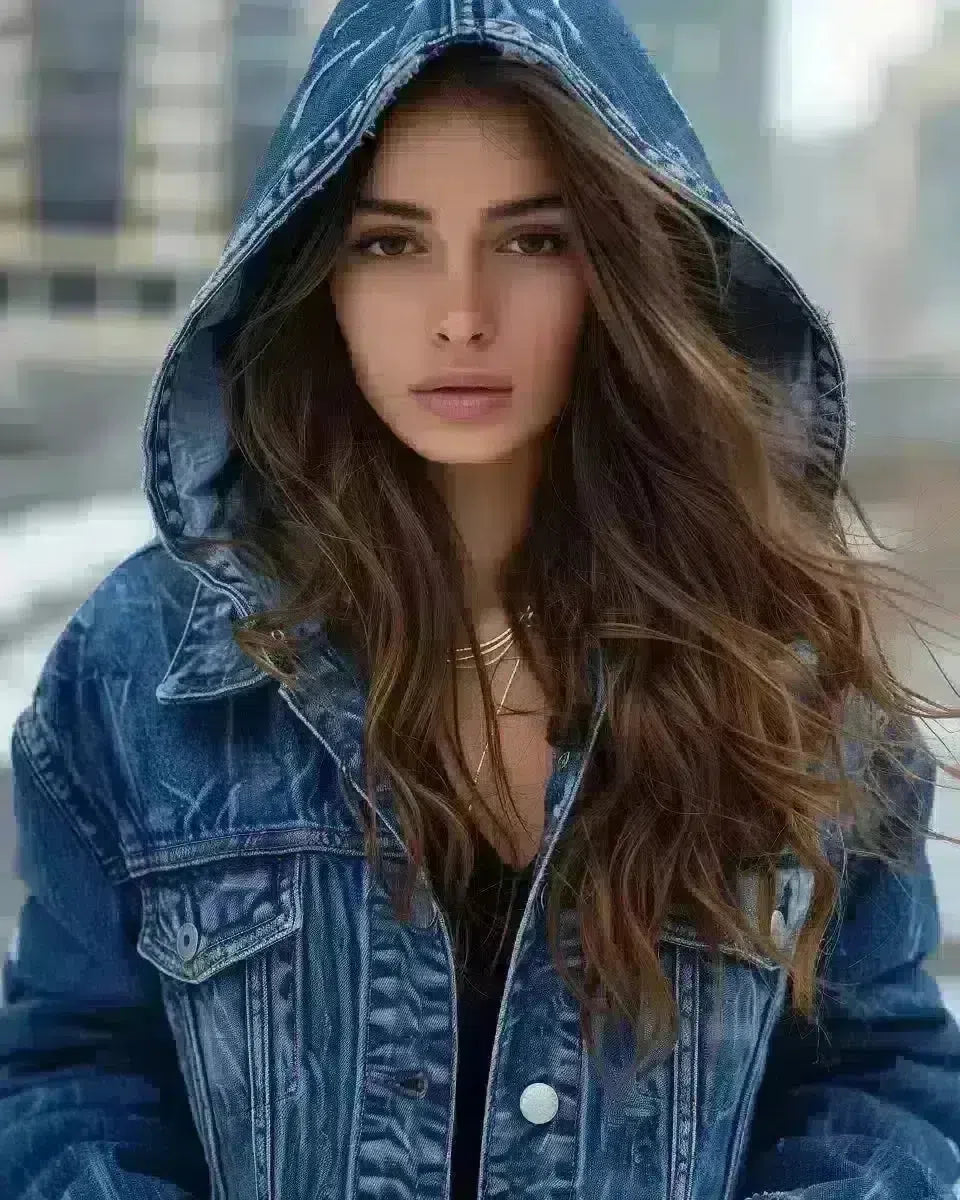 Urban chic woman in hooded denim jacket, outdoor city background. Spring season.